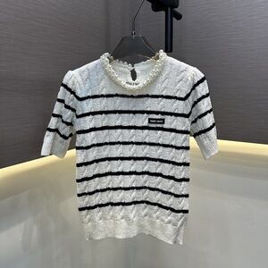 Miu Miu Black and White Knit Top with Pearl Accent